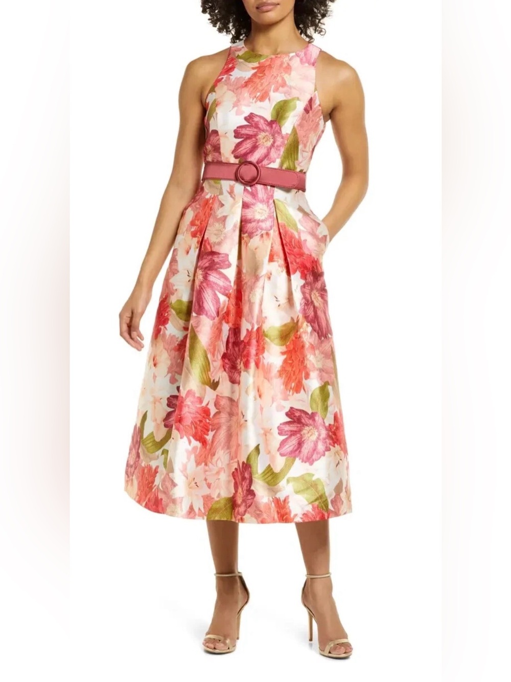 Kay Unger Coral Reef Liberty Belted Floral Midi Dress Size US 4 Autumn Wedding